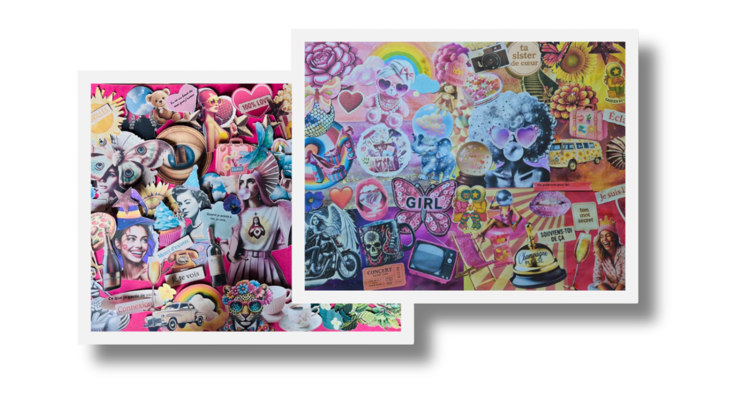 Exemples de collages réalisés par deux amies avec le kit introspectif "Mon Amie de Cœur" My Art Lab – un rendu vibrant, coloré et symbolique d’une création partagée à partir d’images découpées.