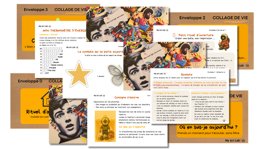 Éléments du kit My Art Lab avec cartes guidées, enveloppes et images pour créer un collage introspectif