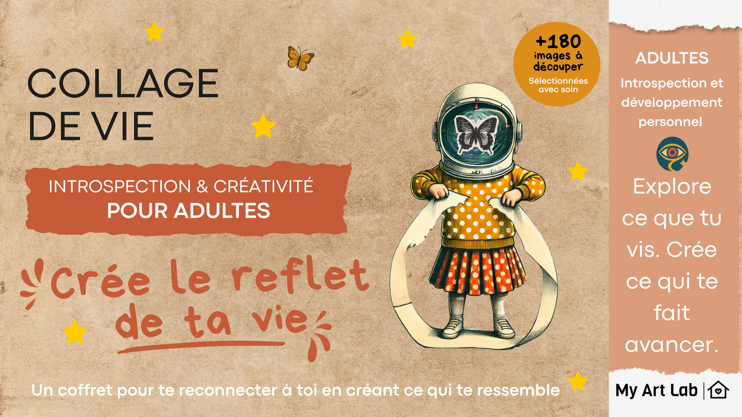 Image de couverture du coffret Collage de Vie My Art Lab. Personnage poétique avec un casque illustré d’un papillon, fond kraft avec étoiles et papillons. Texte : “Crée le reflet de ta vie – Introspection & créativité pour adultes – +180 images à découper sélectionnées avec soin”.