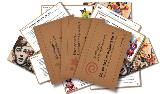 Enveloppes kraft et cartes introspectives du kit My Art Lab – collage de vie. Exercices guidés pour explorer ses émotions et créer un collage symbolique et personnel.