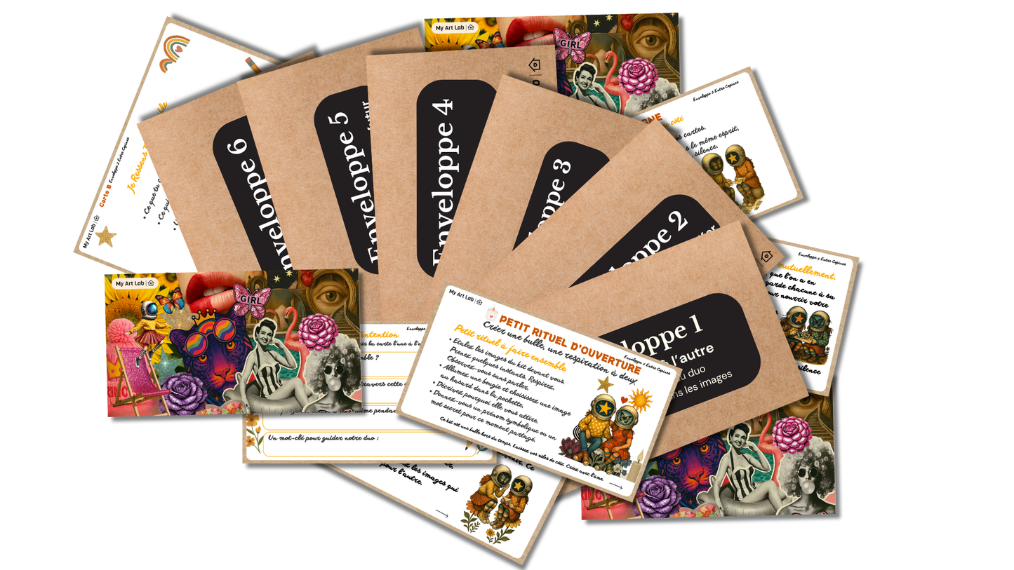 Ensemble d’enveloppes introspectives du kit créatif "Mon Amie de Cœur" My Art Lab, avec cartes guidées, rituel d’ouverture et visuels symboliques à découvrir à deux pour créer un collage profond et complice.