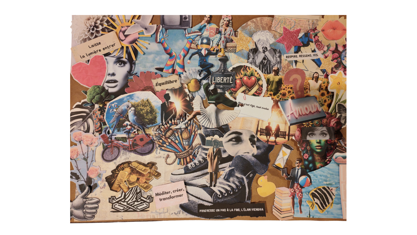Collage final réalisé avec le Kit Collage de Vie My Art Lab. Composition vibrante mêlant visages, symboles, fleurs, baskets, papillons, messages inspirants comme “Laisse la lumière entrer”, “Équilibre”, “Méditer, créer, transformer” et “Progresser un pas à la fois”. Style introspectif, pop et poétique.