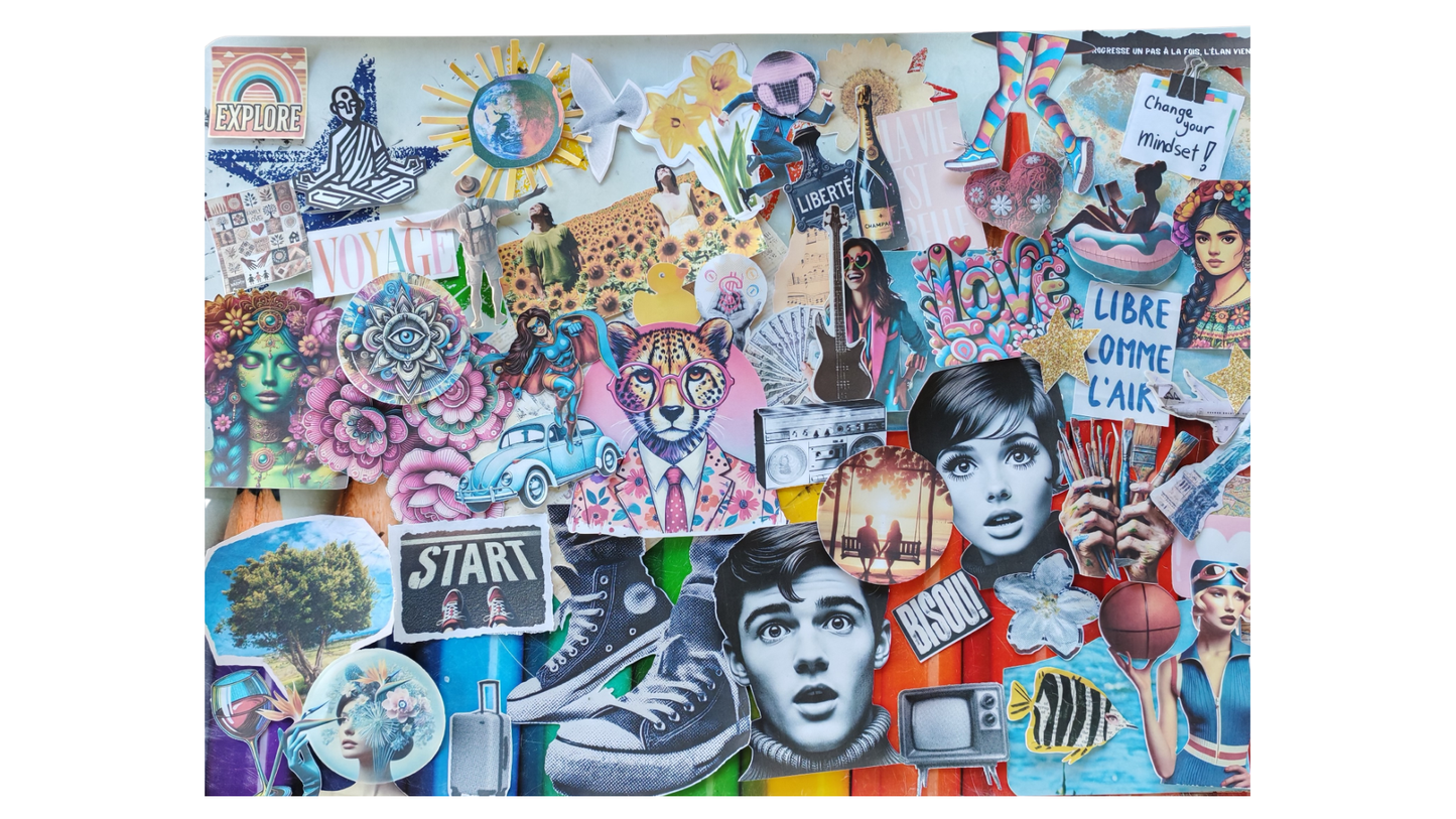 Exemple de collage final réalisé avec le Kit Collage de Vie My Art Lab. Composition riche et expressive avec des images découpées : visages, fleurs, planètes, animaux, citations, symboles créatifs. Message central : “Libre comme l’air”, “Change your mindset”, “Start”.