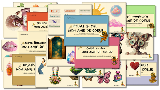 Planches d’images à découper du kit "Mon Amie de Cœur" – éléments visuels tendres, puissants et symboliques pour créer un collage introspectif à offrir ou à s’offrir.