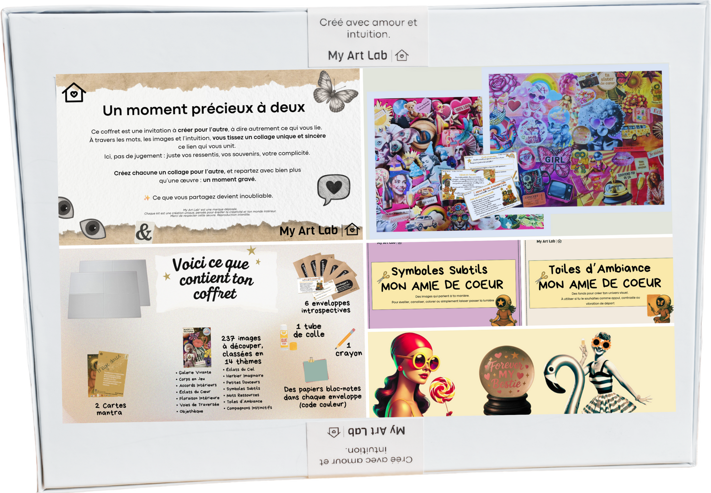 Verso du coffret créatif "Les Amies de Cœur" de My Art Lab, illustrant l’expérience proposée, le contenu détaillé du coffret (enveloppes introspectives, images à découper, cartes mantra, support de collage…) et un aperçu coloré des créations possibles à deux.