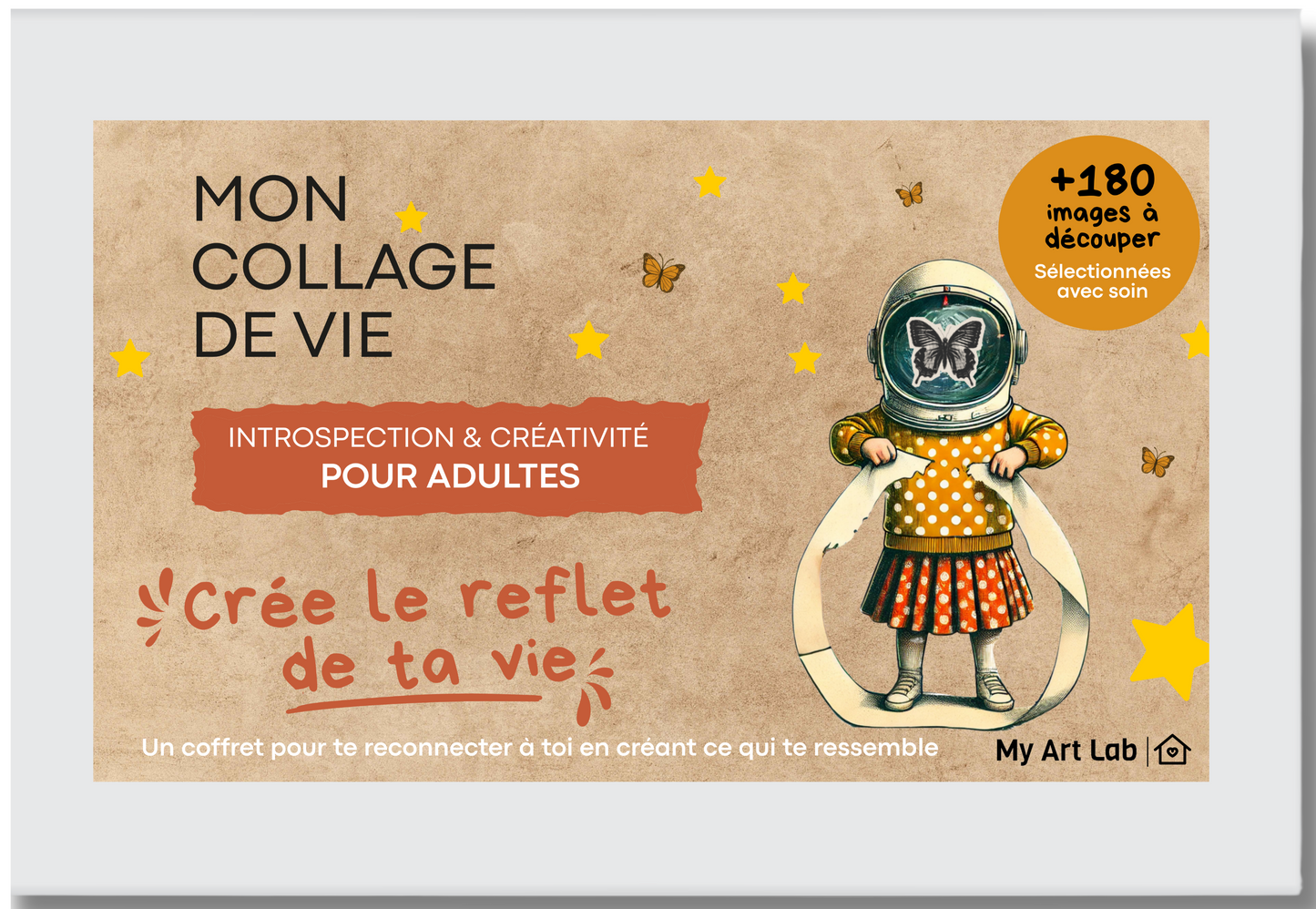 Packaging du coffret "Mon Collage de Vie" My Art Lab – un coffret créatif et introspectif pour adultes avec +180 images à découper, pour créer un tableau symbolique et se reconnecter à soi.