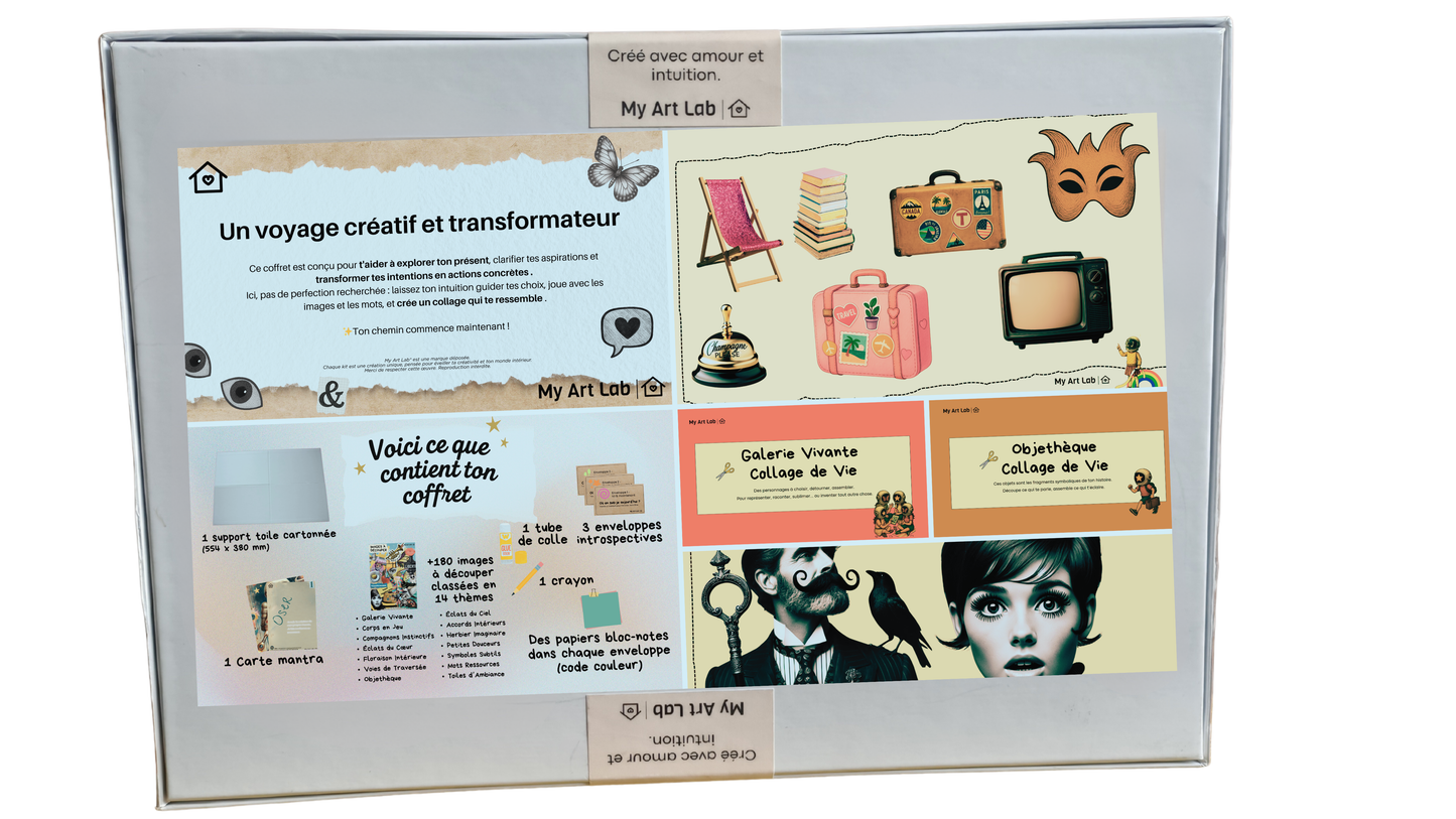 Dos de la boîte du coffret Collage de Vie My Art Lab. Présentation complète du contenu : support cartonné, enveloppes introspectives, 184 images à découper, carte mantra, colle, crayon, bloc-notes. Texte : “Un voyage créatif et transformateur”, illustrations colorées, citations, et mise en avant de la dimension introspective et artistique du coffret.