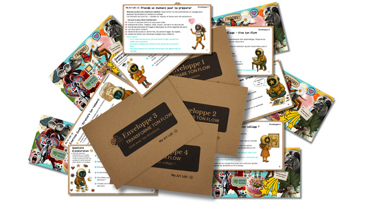 Enveloppes et cartes du kit collage émotions pour ados My Art Lab avec exercices guidés pour exprimer ses émotions et créer un collage