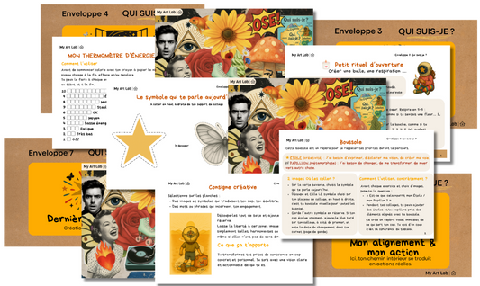Enveloppes et étapes du coffret collage introspectif Qui suis-je My Art Lab avec questions guidées et processus de création personnelle