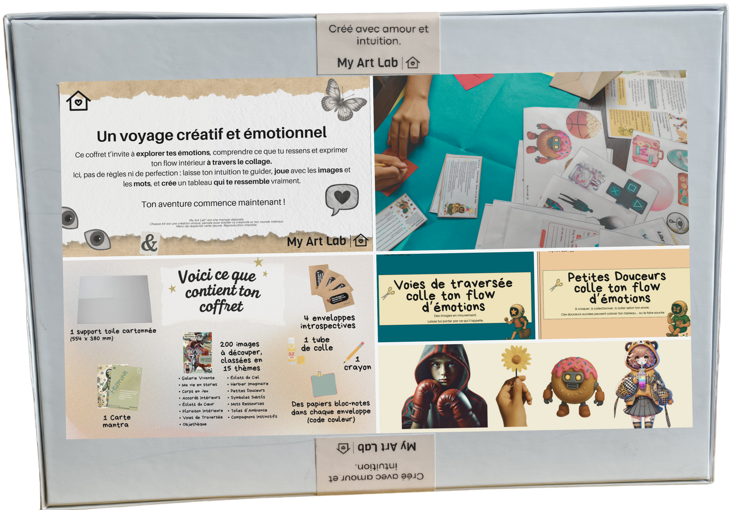 face arrière avec explication, images et contenu du coffret colle ton flow demotions pour ados