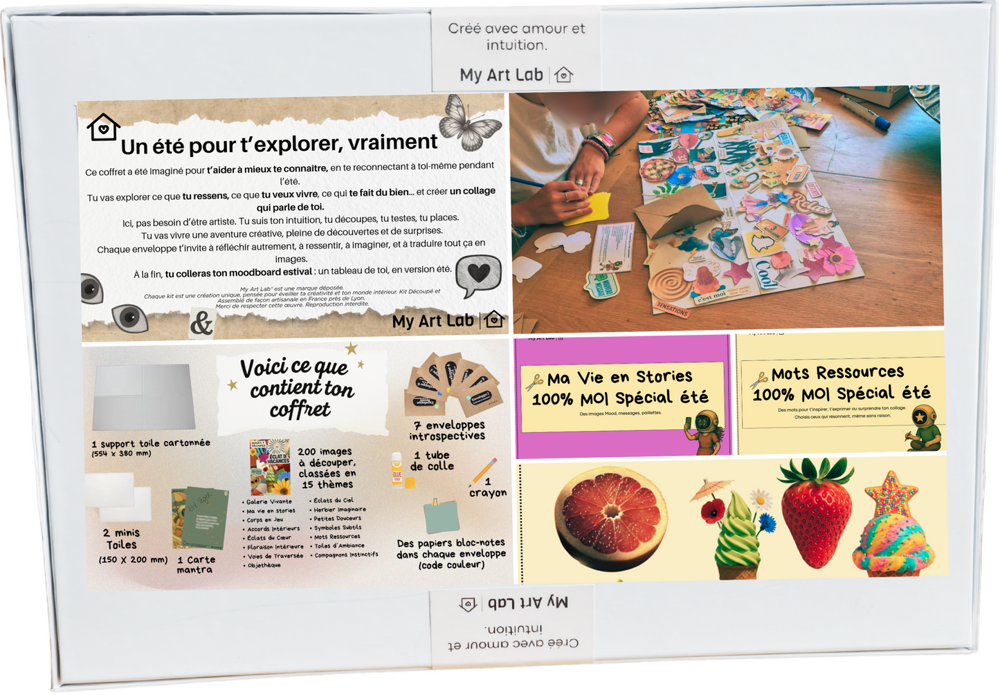 Vue du verso de la boîte du coffret 100 % MOI – Spécial Été. Explication de l’expérience créative et introspective, aperçu du contenu du coffret, visuel d’une création en cours et extraits des enveloppes “Ma Vie en Stories” et “Mots Ressources”.