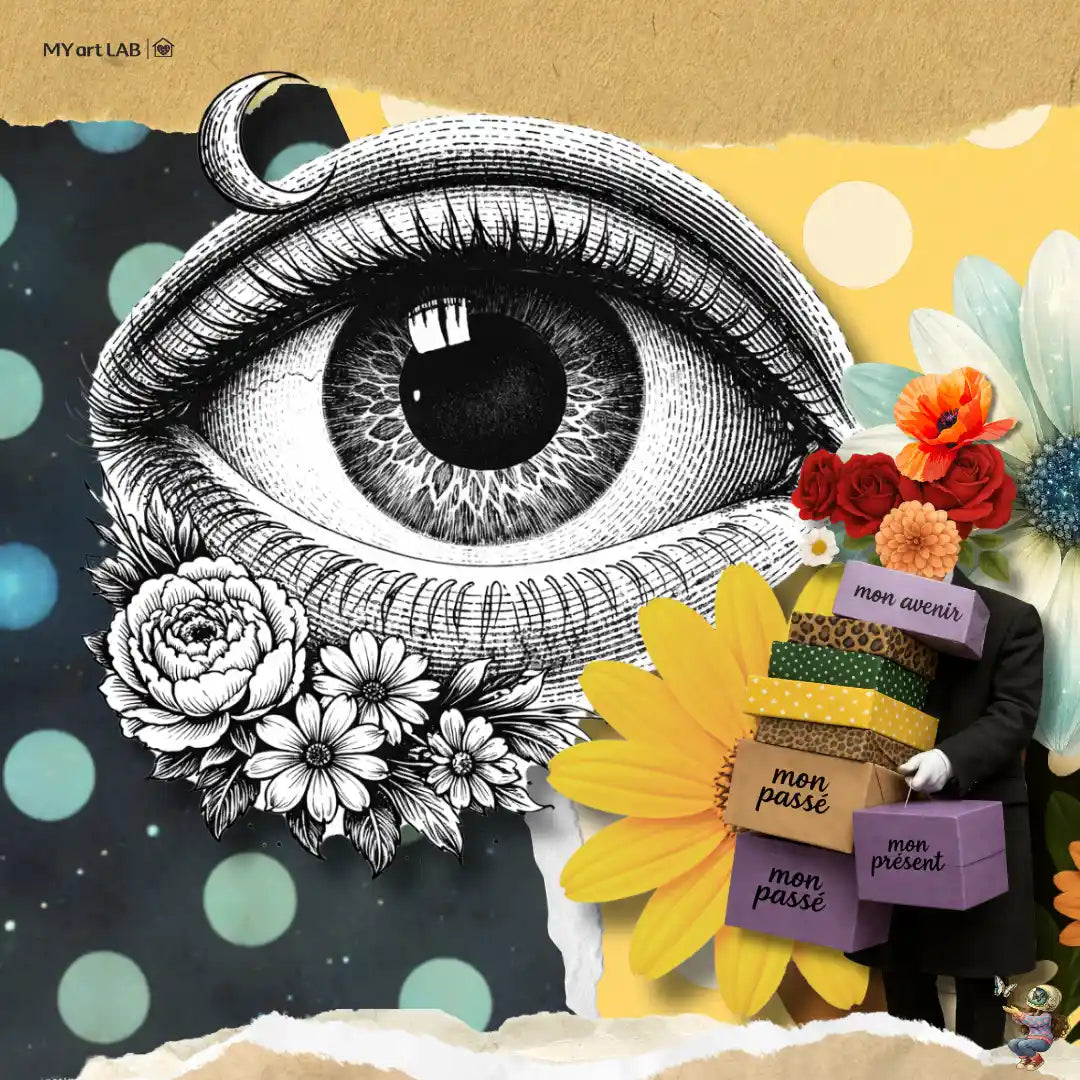 Collage introspectif pour faire le point sur sa vie avec symboles passé présent avenir