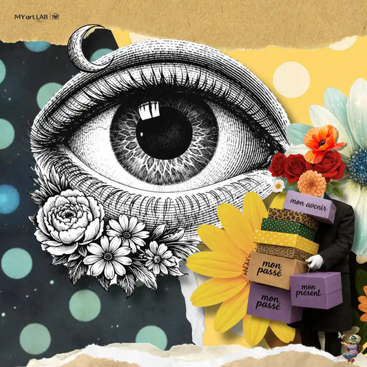 Collage introspectif pour faire le point sur sa vie avec symboles passé présent avenir