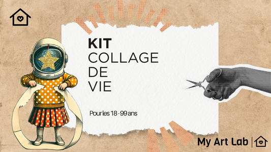 Visuel du Kit “Collage de Vie” de My Art Lab pour les adultes (18–99 ans), avec un personnage illustré en cosmonaute tenant une bande de papier, une main tenant des ciseaux, et un fond papier déchiré – invitation à créer un collage introspectif
