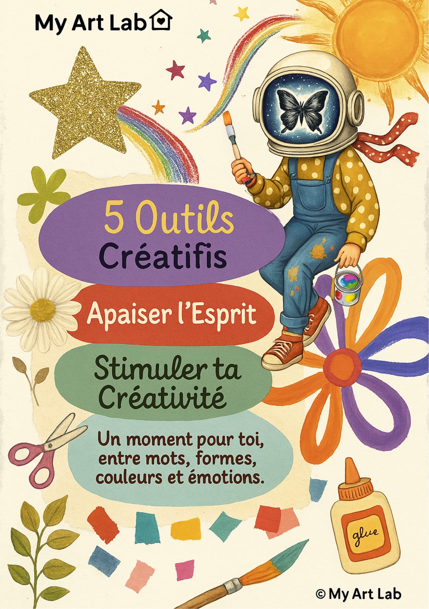 Affiche My Art Lab présentant 5 outils créatifs gratuits pour apaiser le mental et stimuler la créativité par le collage