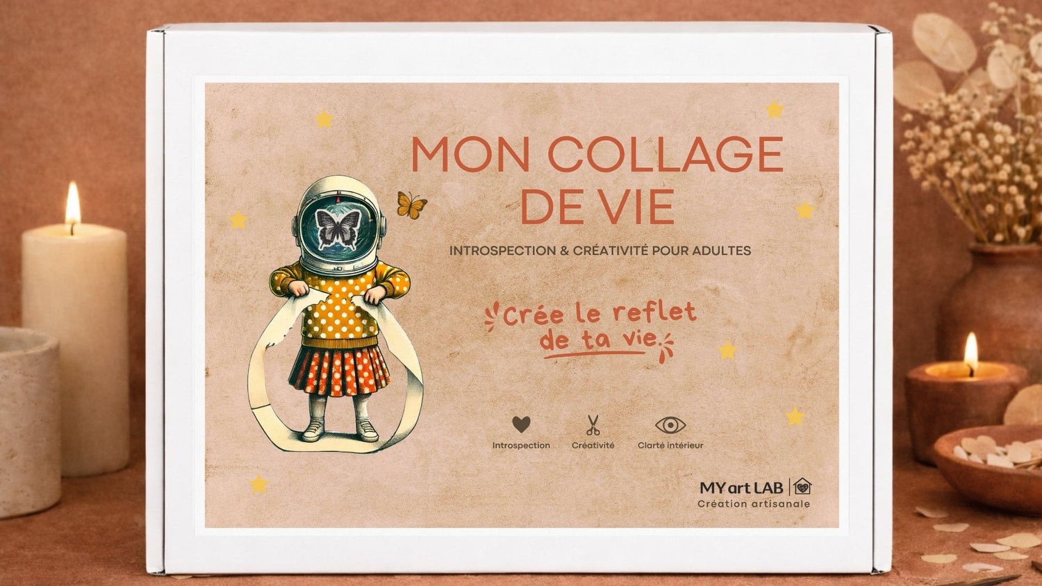 Coffret My Art Lab Mon Collage de Vie présenté comme un cadeau créatif et introspectif à offrir ou pour soi