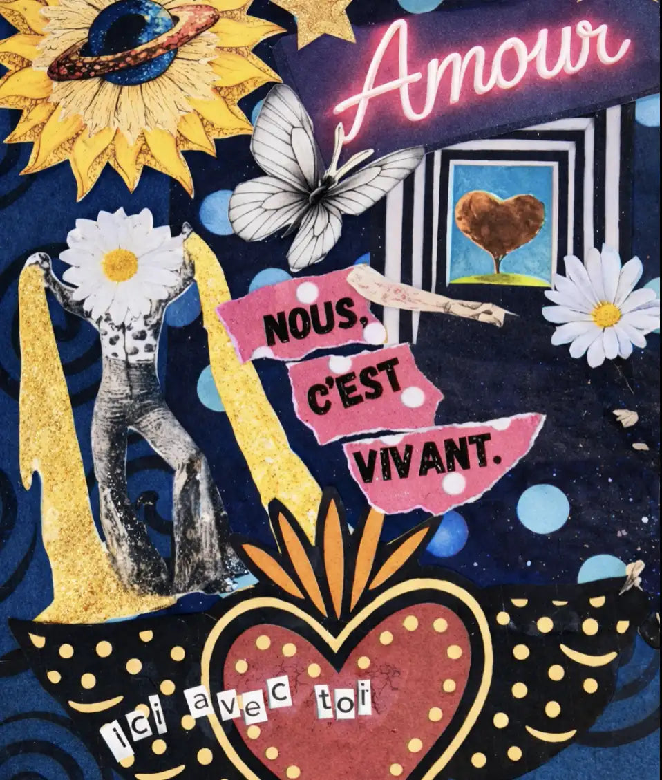 Collage introspectif autour de l’amour avec cœur, fleurs et symboles de transformation illustrant une reconnexion à soi