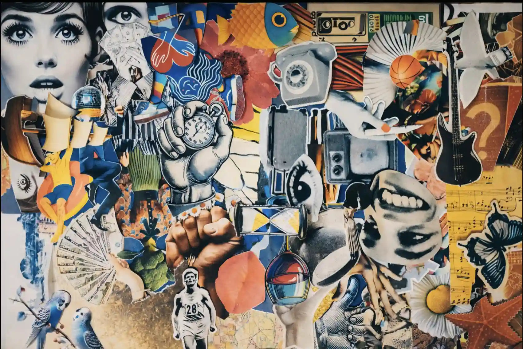 Collage symbolique composé d’images variées représentant le mental, le temps, le corps et les émotions dans un processus introspectif