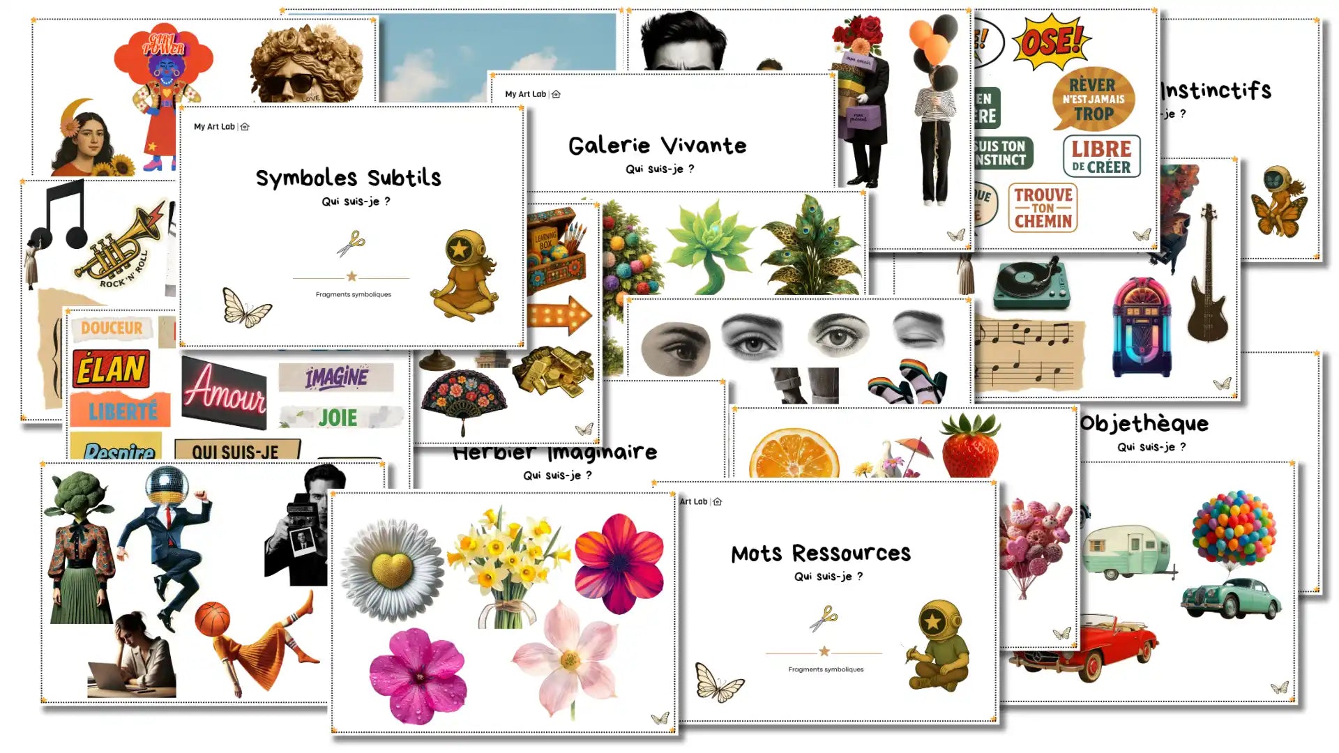 Éléments du coffret Qui suis-je My Art Lab avec images, mots et supports pour un parcours créatif et introspectif