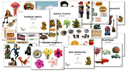 Éléments du coffret Qui suis-je My Art Lab avec images, mots et supports pour un parcours créatif et introspectif