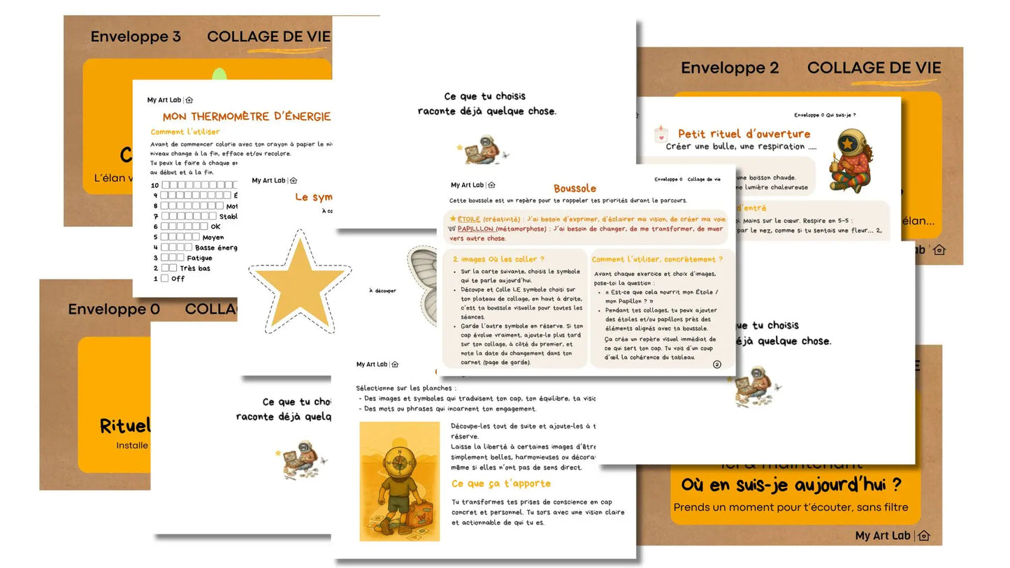 Éléments du coffret MY art LAB avec cartes guidées, enveloppes et images pour créer un collage introspectif