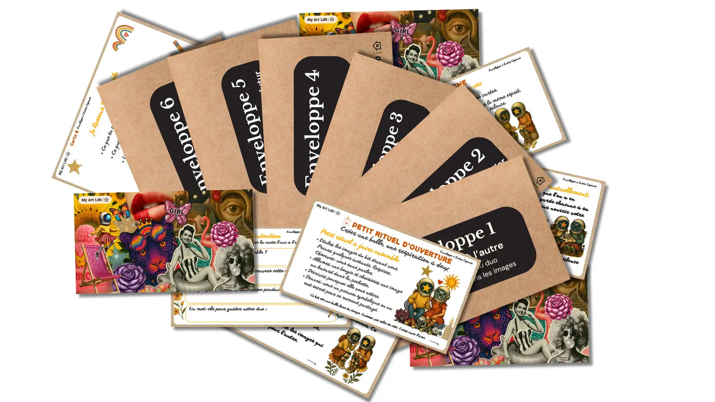 Coffret créatif à deux My Art Lab avec enveloppes et cartes introspectives pour créer un collage et vivre un moment complice entre amies