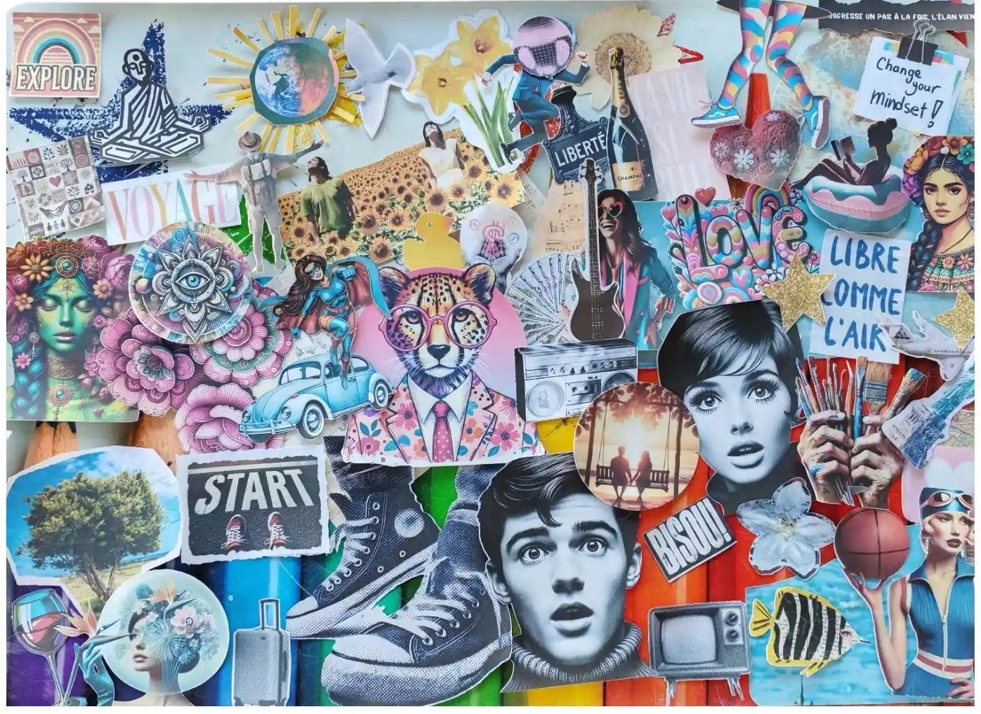 Collage final coloré réalisé avec le coffret Mon Collage de Vie, mélange d’images symboliques et créatives