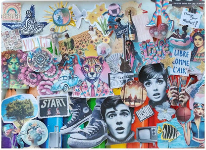 Collage final coloré réalisé avec le coffret Mon Collage de Vie, mélange d’images symboliques et créatives