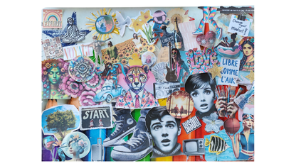 Exemple de collage final réalisé avec le Kit Collage de Vie My Art Lab. Composition riche et expressive avec des images découpées : visages, fleurs, planètes, animaux, citations, symboles créatifs. Message central : “Libre comme l’air”, “Change your mindset”, “Start”.