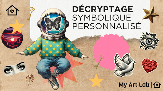 Illustration de l’offre “Décryptage symbolique personnalisé” de My Art Lab : un personnage cosmonaute sur fond de collages symboliques (papillon, cœur, colombe, œil, étoiles, clefs), représentant l’interprétation intuitive d’un collage