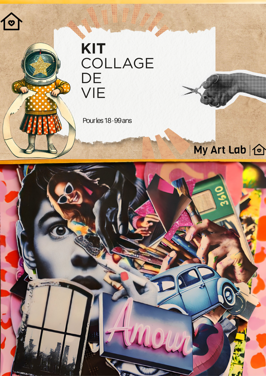 Visuel du Kit “Collage de Vie” de My Art Lab (pour les 18–99 ans), avec un aperçu du packaging illustré et un collage final mêlant visages, objets, mots et émotions, réalisé à partir des images du kit