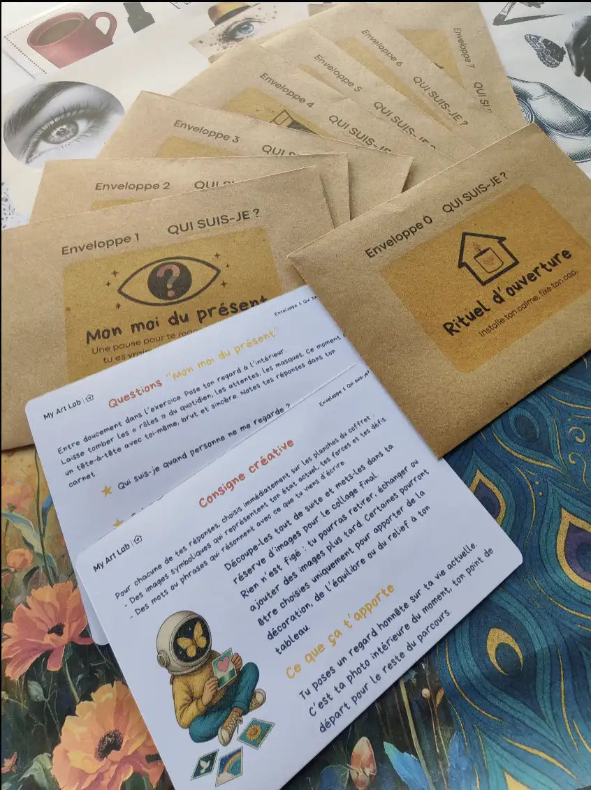 Cartes de questions et consignes créatives My Art Lab pour accompagner une démarche de développement personnel par le collage