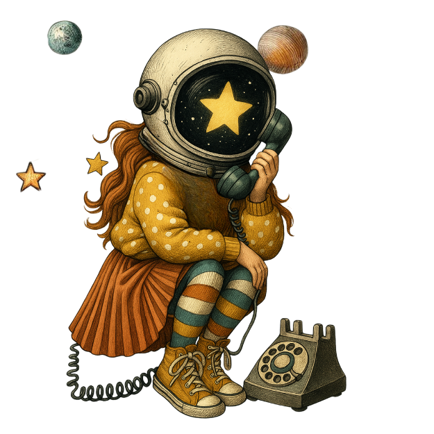 Illustration My Art Lab d’un personnage au téléphone symbolisant un accompagnement humain et une réponse personnalisée