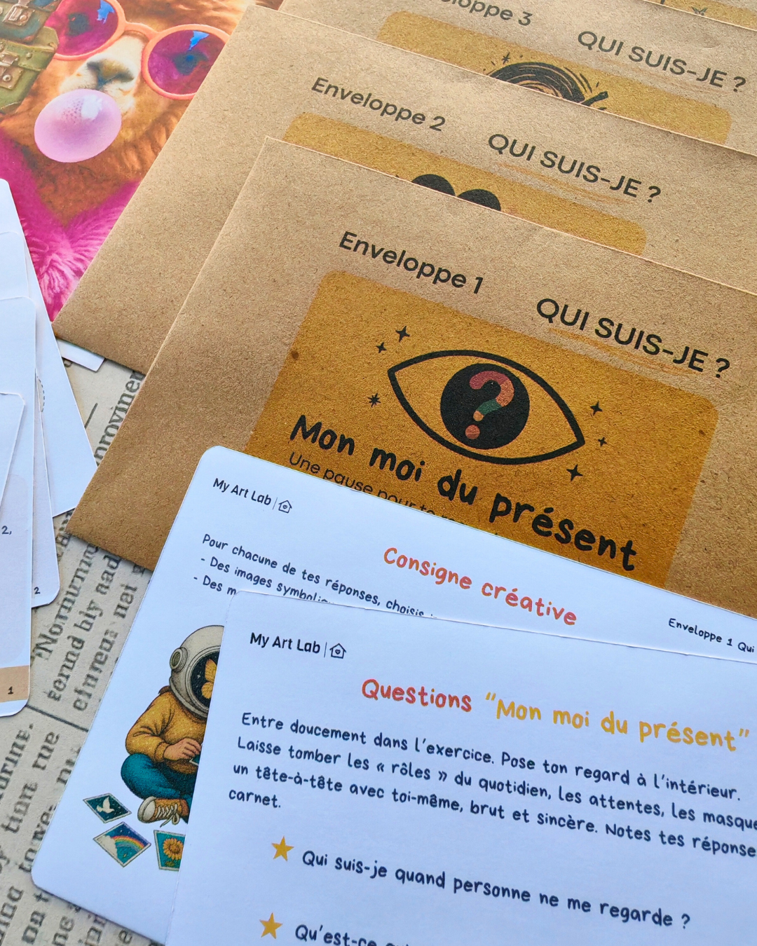 Enveloppes My Art Lab contenant des questions introspectives pour un parcours guidé de développement personnel par le collage