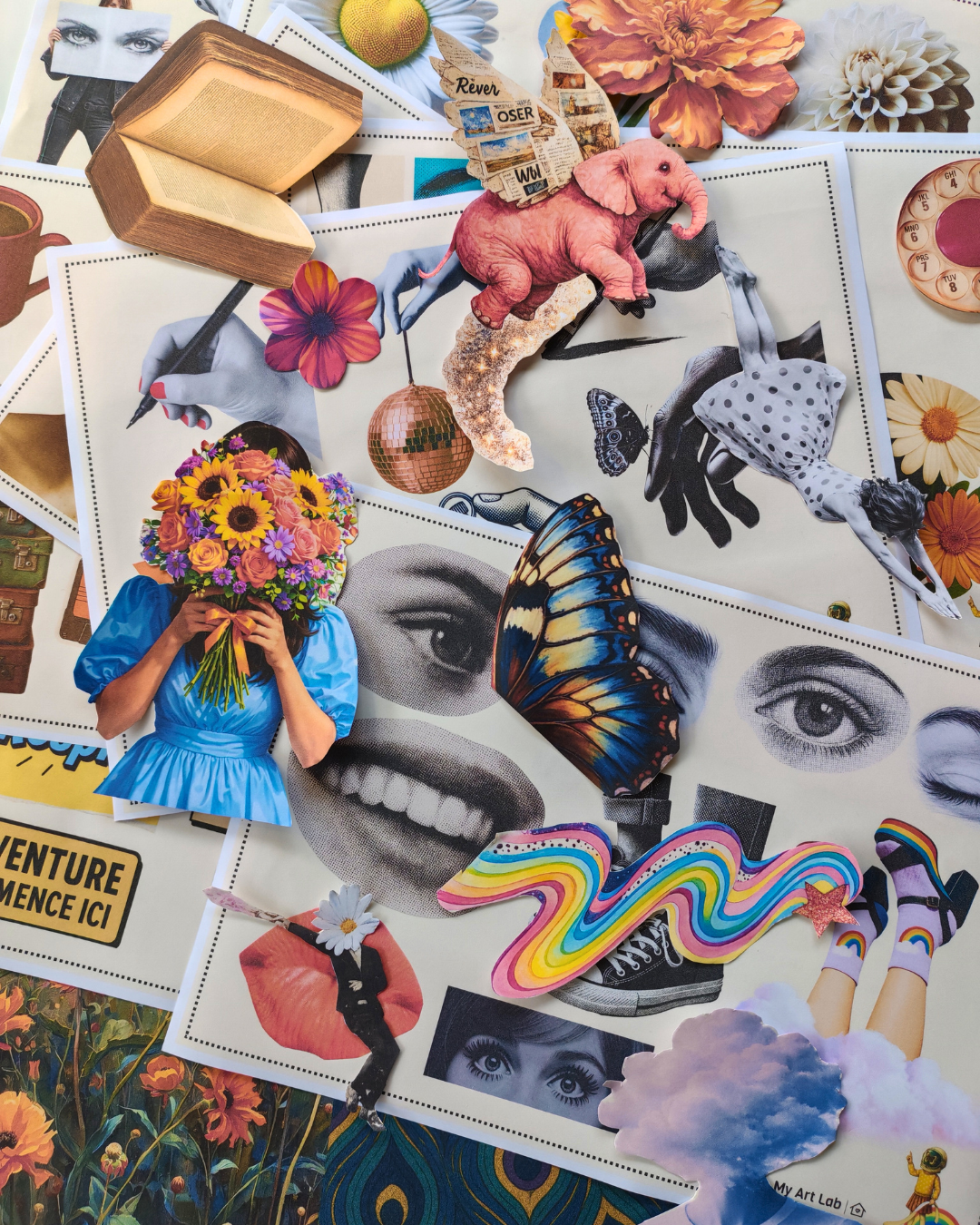 Sélection d’images artistiques et symboliques utilisées pour créer un collage introspectif My Art Lab