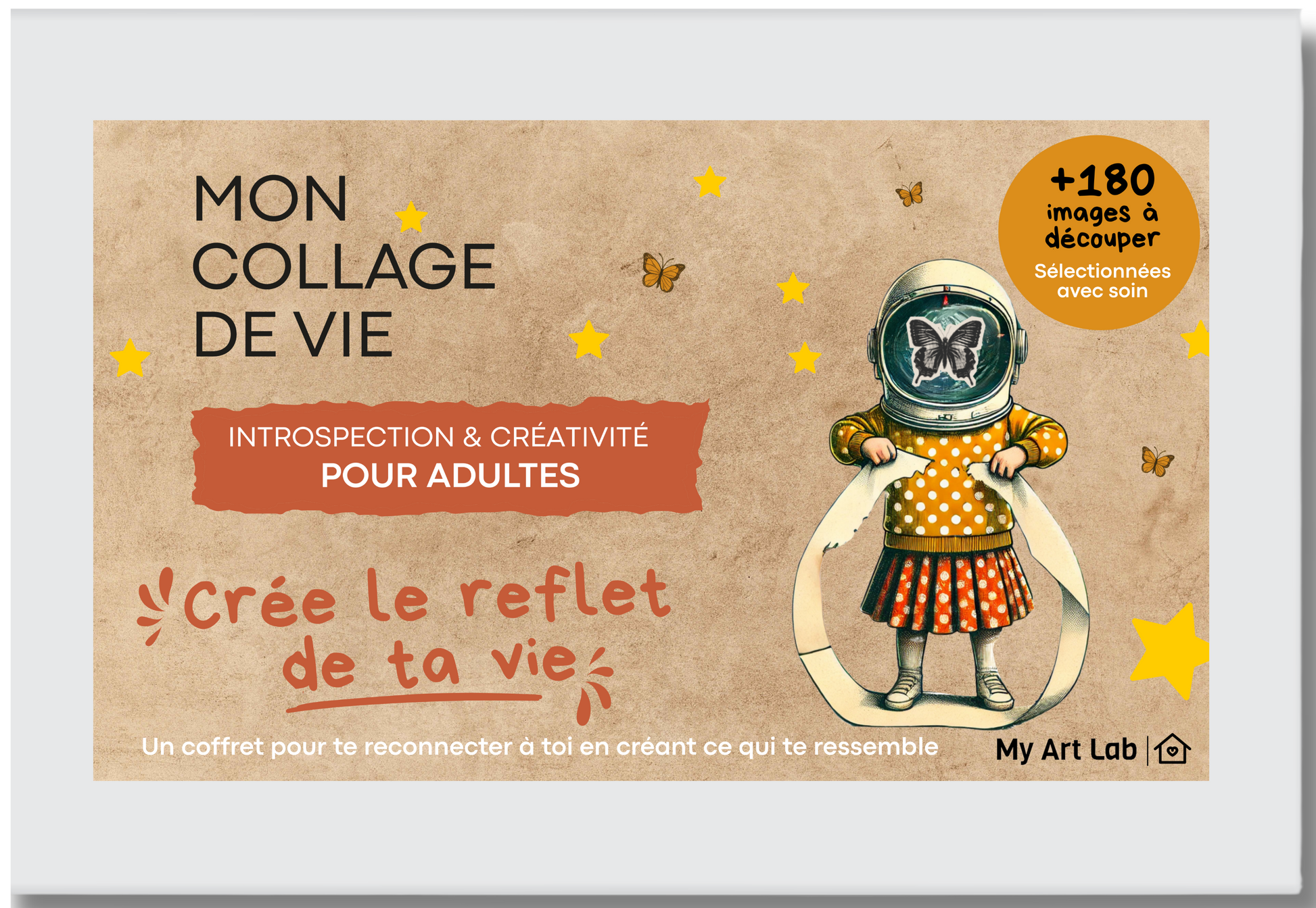 Packaging du coffret "Mon Collage de Vie" My Art Lab – un coffret créatif et introspectif pour adultes avec +180 images à découper, pour créer un tableau symbolique et se reconnecter à soi.