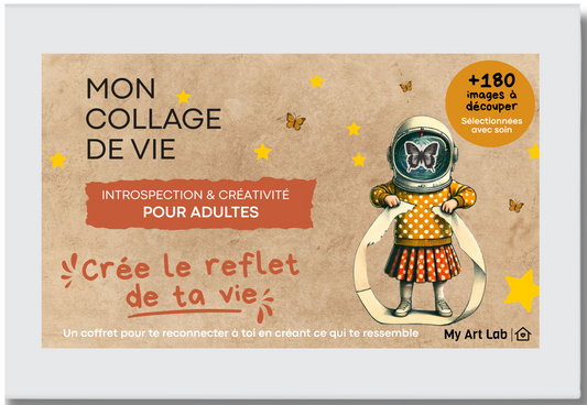 Packaging du coffret "Mon Collage de Vie" My Art Lab – un coffret créatif et introspectif pour adultes avec +180 images à découper, pour créer un tableau symbolique et se reconnecter à soi.
