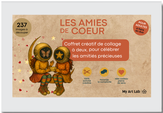 Packaging du coffret «les amies de coeur » My Art Lab, un coffret de collage introspectif à faire à deux, conçu pour les amitiés profondes. Deux personnages casqués assis côte à côte incarnent la complicité. Le visuel met en avant les 237 images à découper, les bienfaits du collage et l’aspect cadeau symbolique.