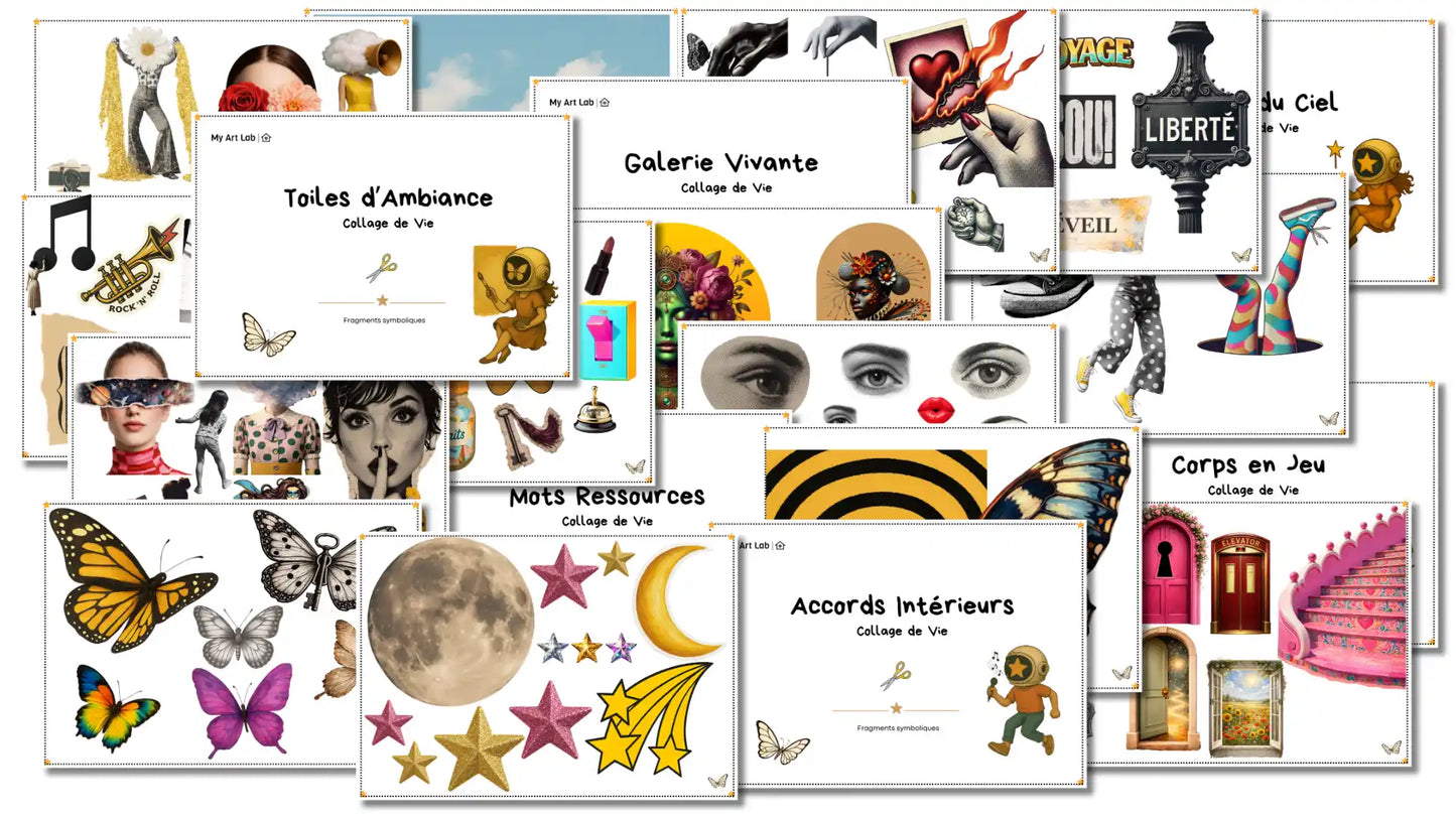 Éléments du coffret Collage de vie My Art Lab avec images, mots et supports pour un parcours créatif et introspectif