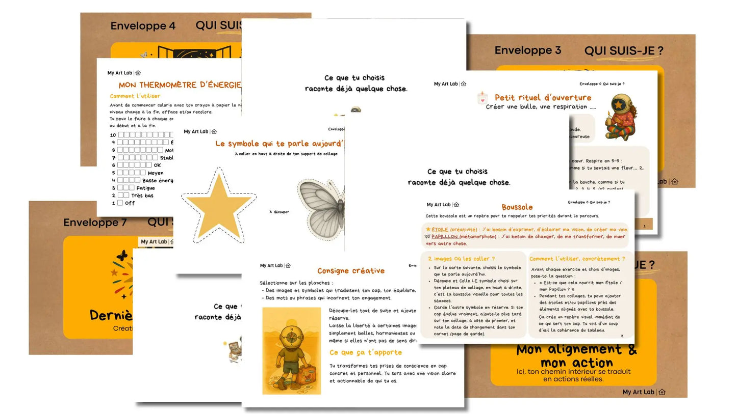 Enveloppes et étapes du coffret collage introspectif Qui suis-je My Art Lab avec questions guidées et processus de création personnelle