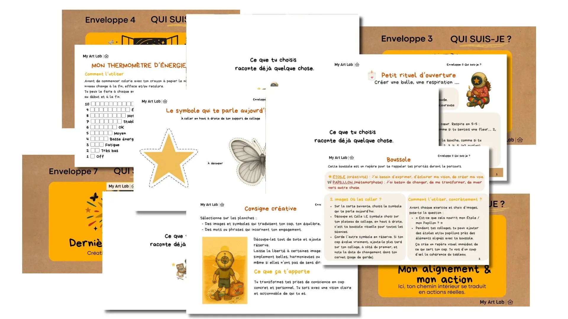 Enveloppes et étapes du coffret collage introspectif Qui suis-je My Art Lab avec questions guidées et processus de création personnelle