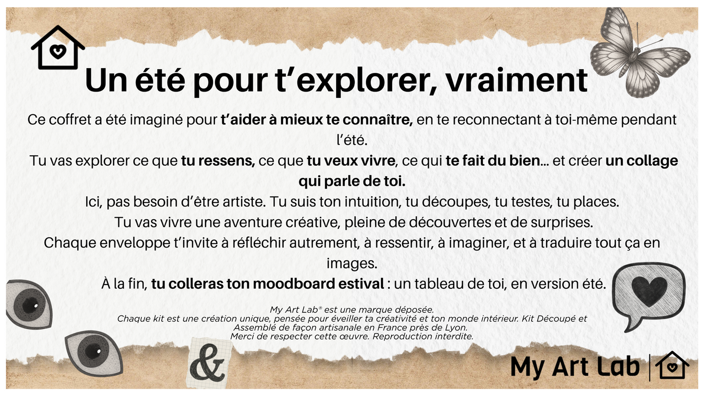Introduction du coffret “100 % MOI – Spécial Été” pour ados. Le texte encourage à mieux se connaître, explorer ses ressentis et créer un moodboard estival qui parle de soi, sans pression artistique. Illustrations : papillon, cœurs, yeux et icônes symboliques.