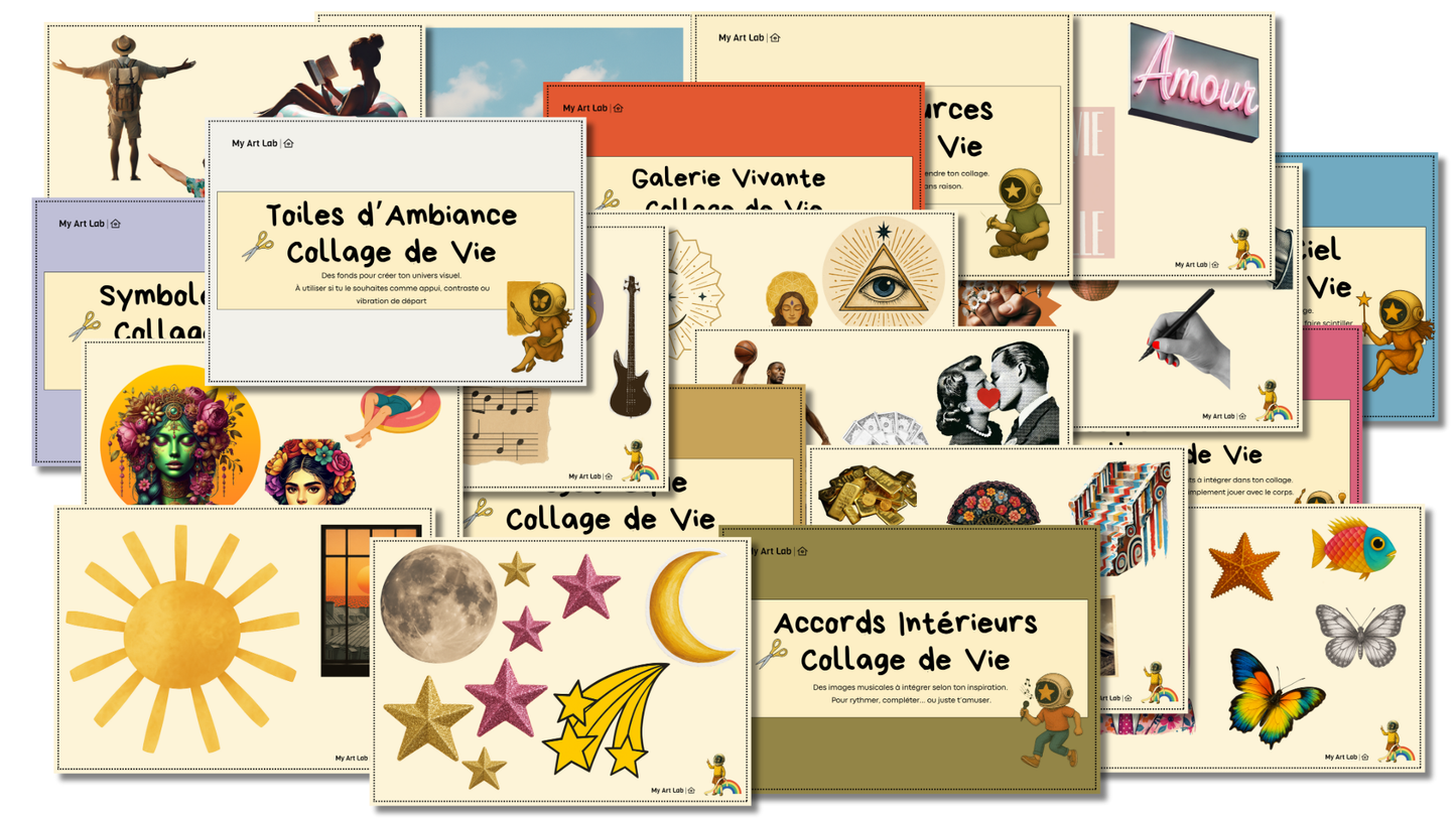 Planches d’images à découper pour collage introspectif – illustrations symboliques et artistiques incluses dans le kit 'Collage de Vie' My Art Lab.